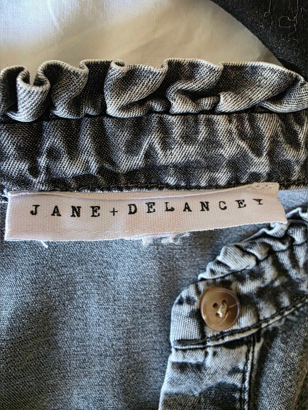 Sleeveless Washed Gray Ruffle Button-Front Denim Top - Picture 3 of 5